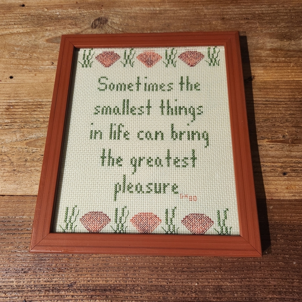 Vintage Framed Cross Stitch Wall Art – “Smallest Things in Life” Quote